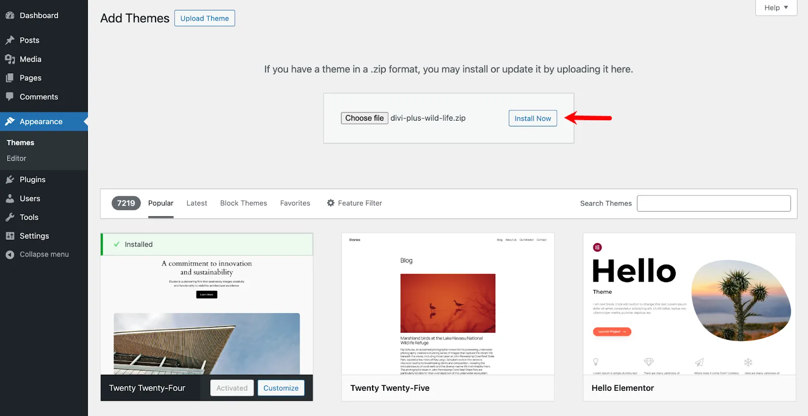 Uploading the Divi Plus Wildlife theme file