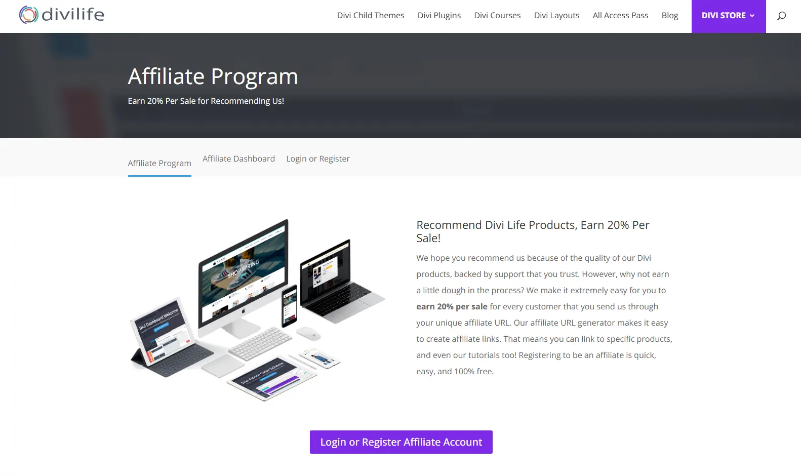 Divi Life Affiliate Program page.