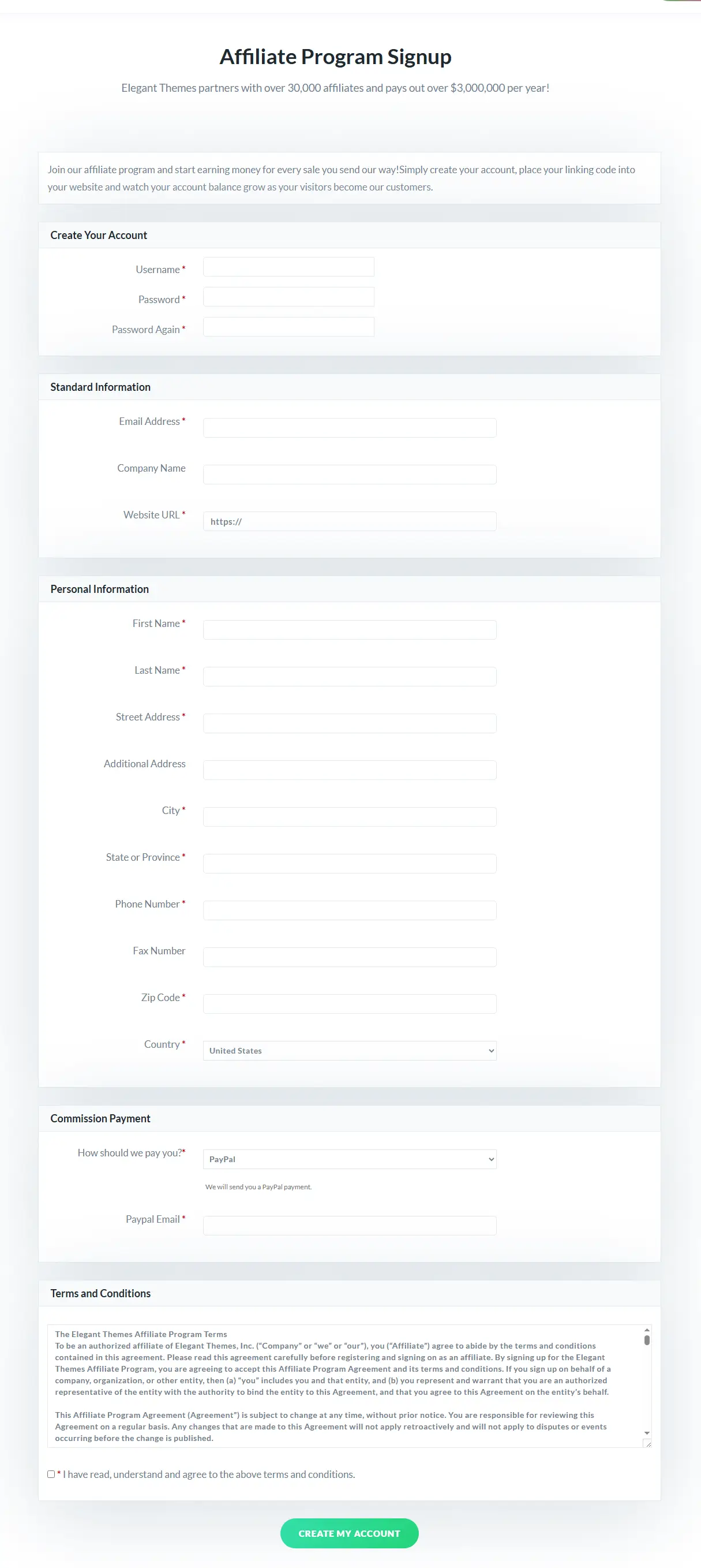 Divi Affiliate Program registration form by Elegant Themes.
