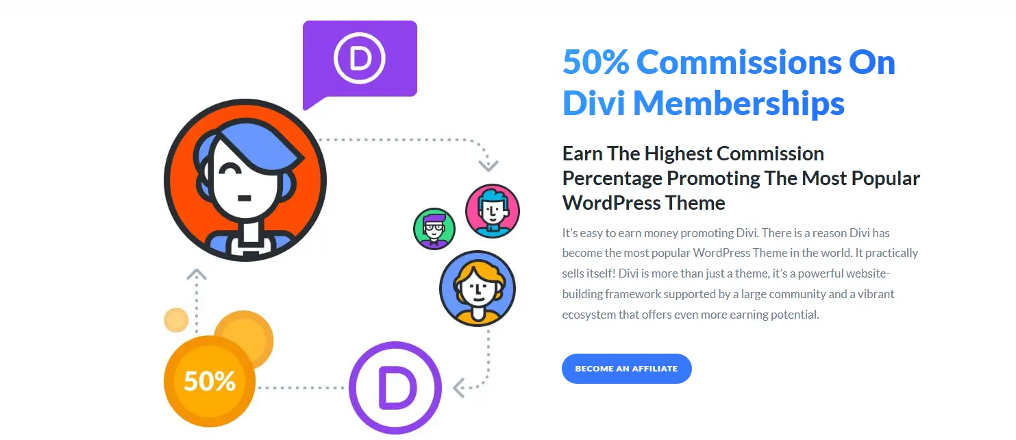 50% Commissions on sending referral for Divi Memberships.
