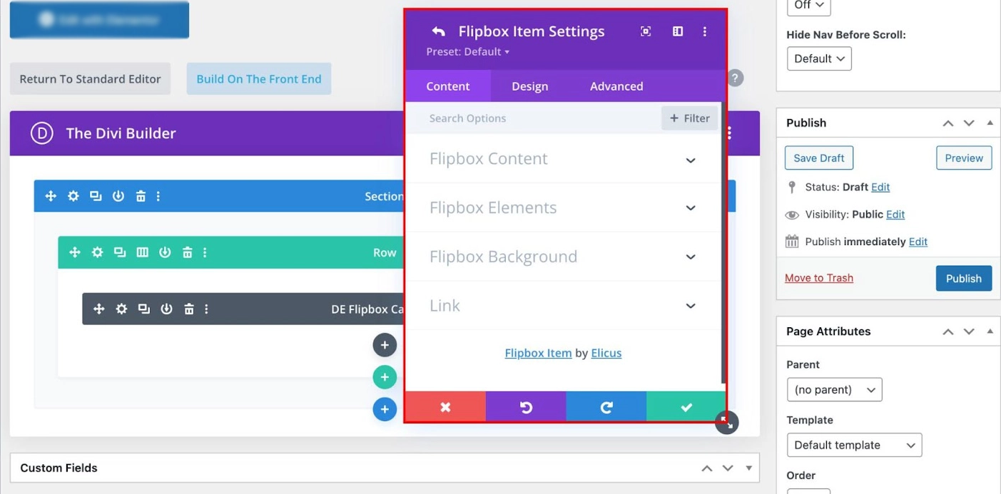 All the content options in the Flipbox item settings of the Flipbox Carousel module.
