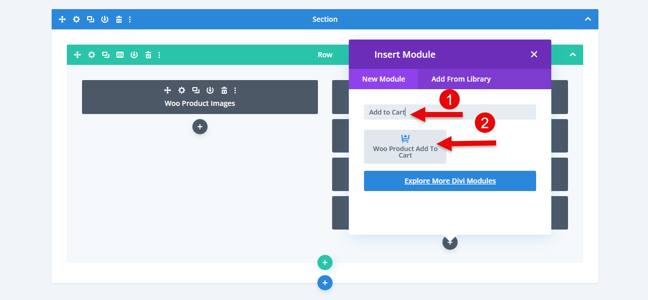 Steps to insert the Add to Cart module in Divi for product page template.