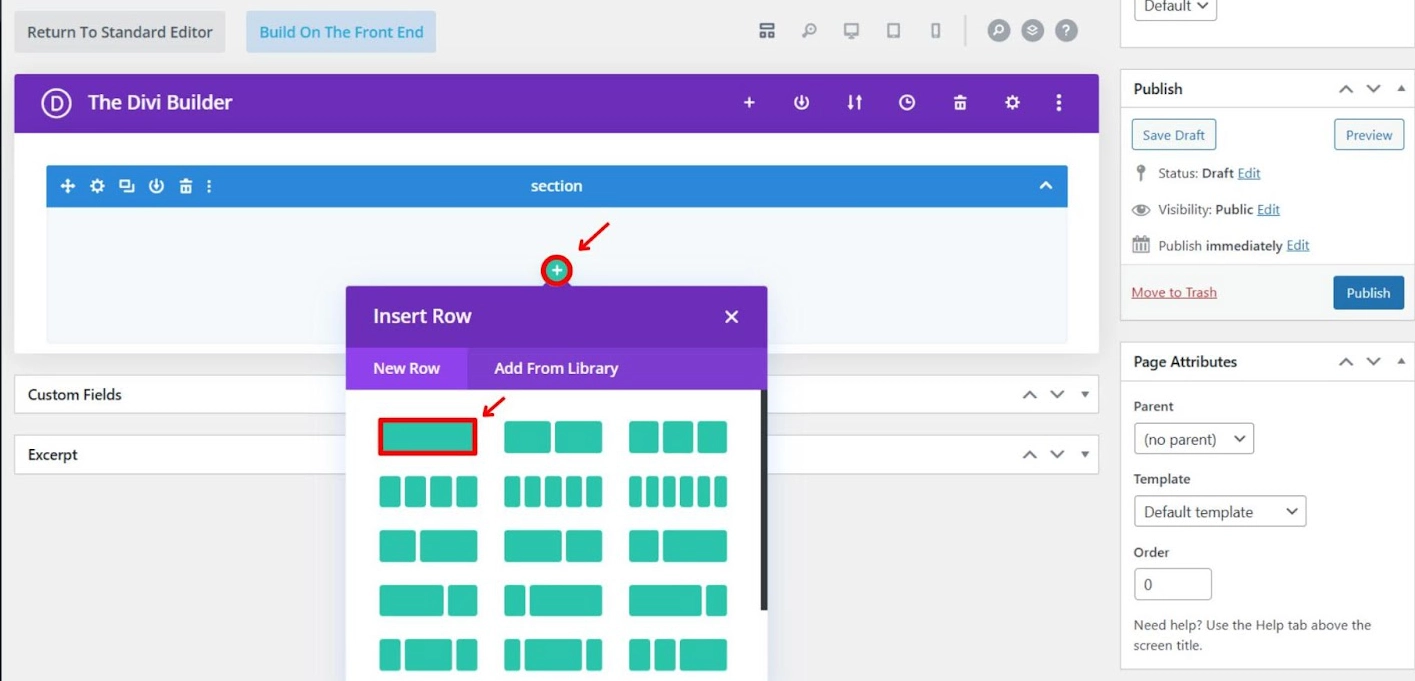 Adding a new row in the Divi builder