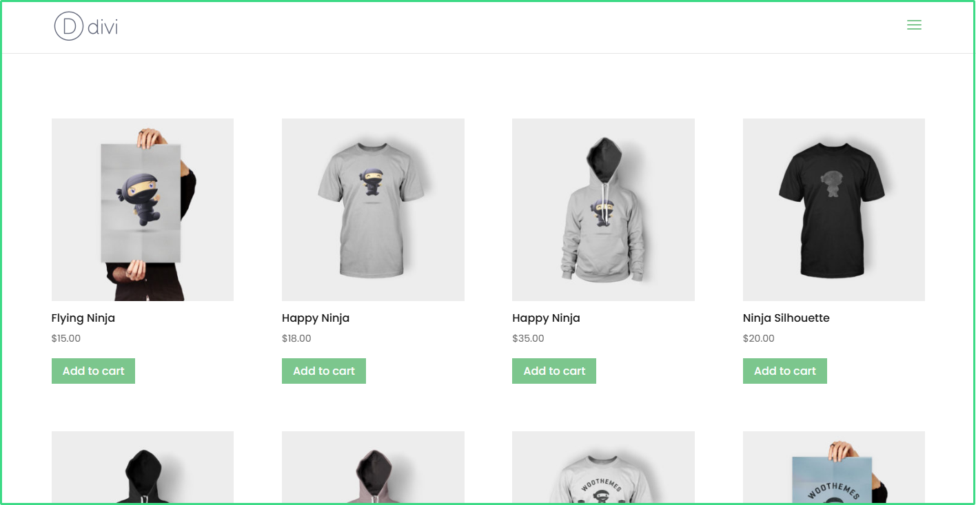 Woo Products on the Shop page with Add to Cart button created using Divi