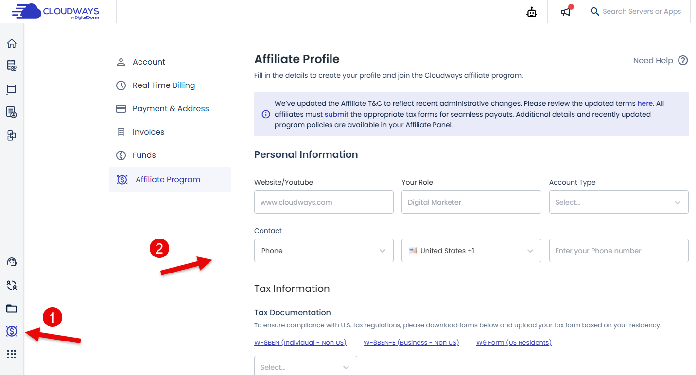 Cloudways affiliate profile setup process.