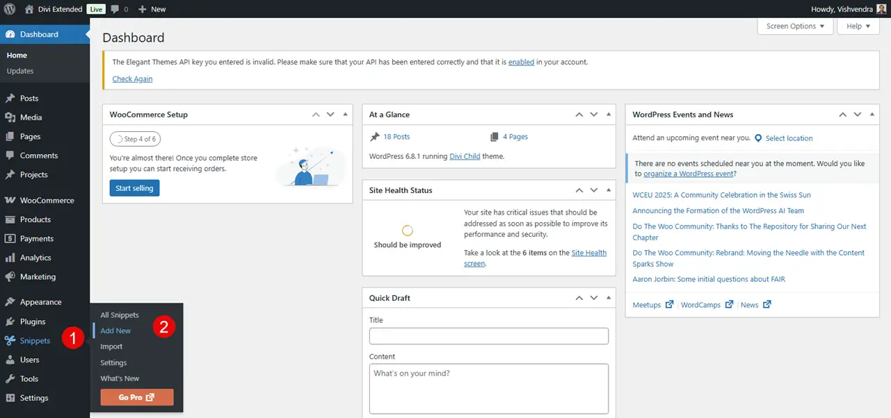 Accessing the Add New option of the Snippets plugin.