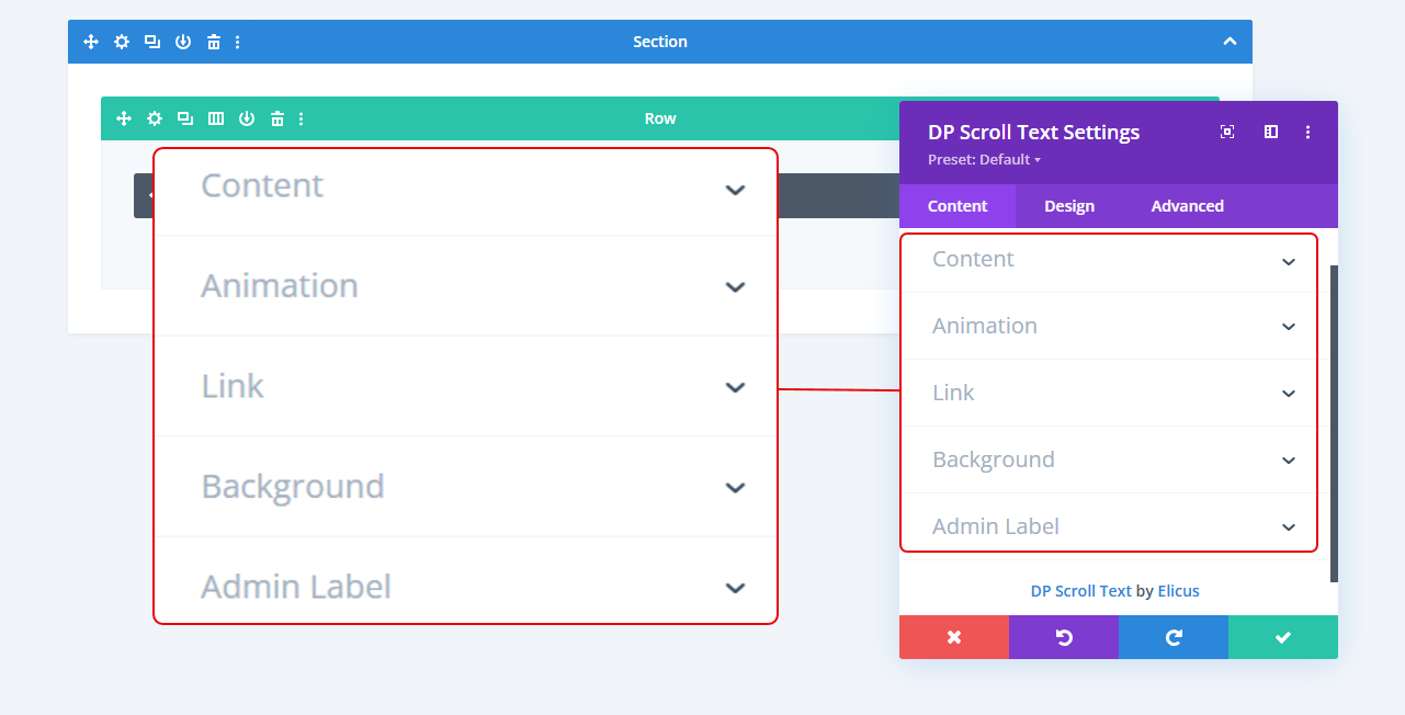 Divi Scroll Text module with Content tab settings.