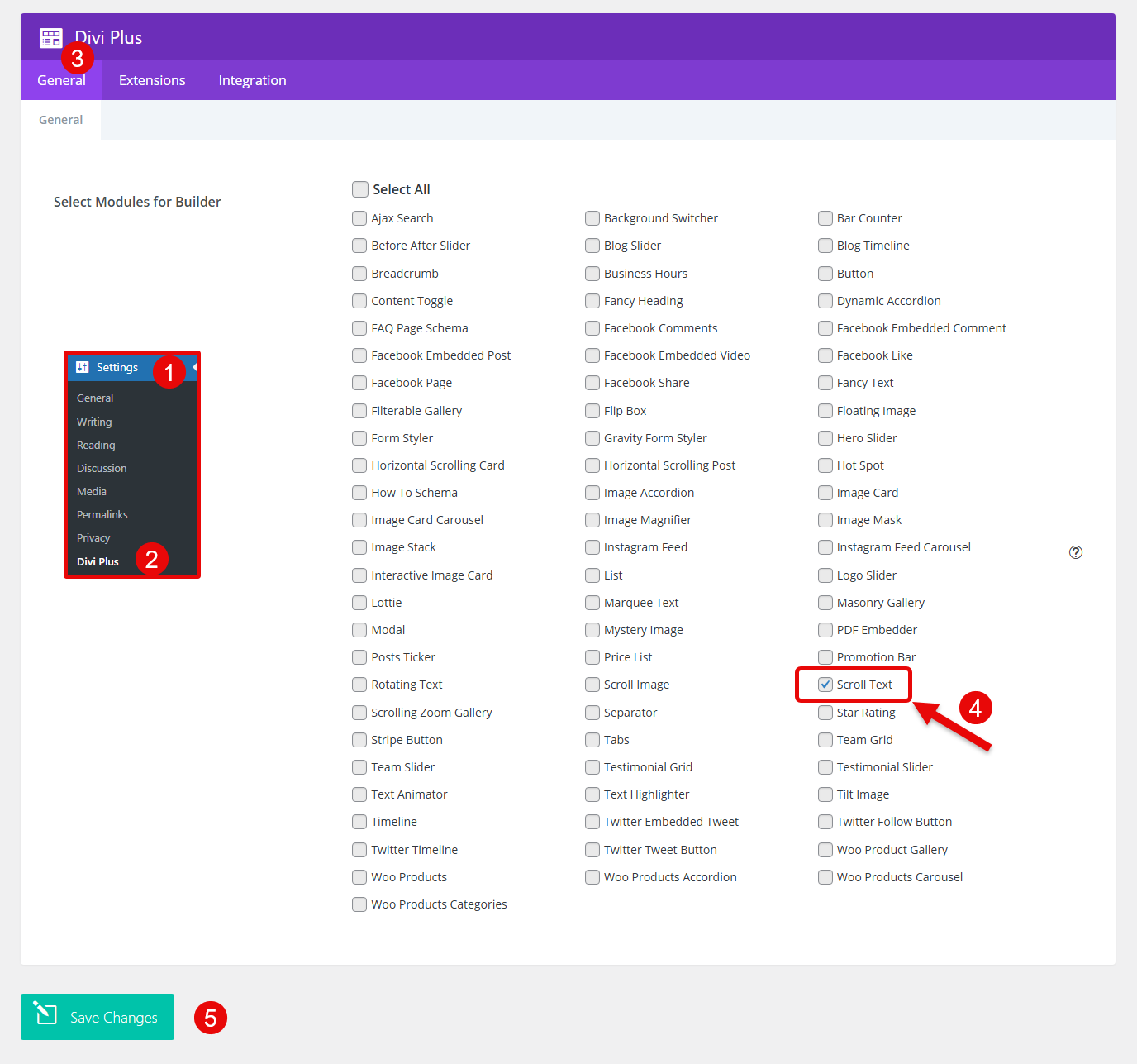 Steps to enable the Divi Plus Scroll Text module.