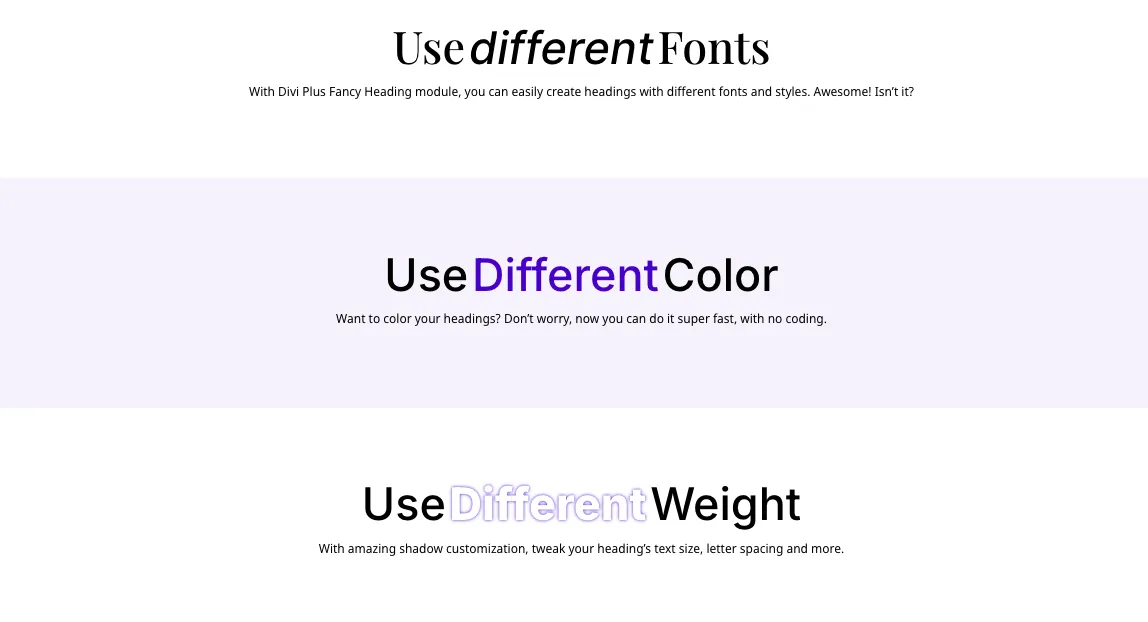 Heading examples created using the Fancy Heading Divi Tex module.