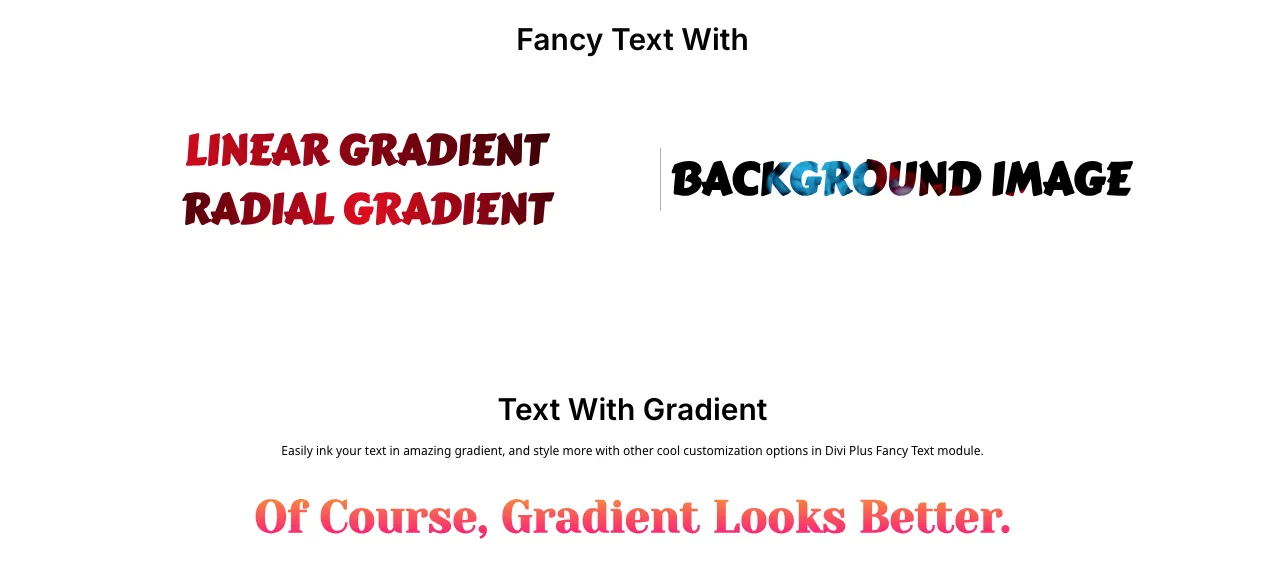 Examples of the Fancy Text Divi Plus module.