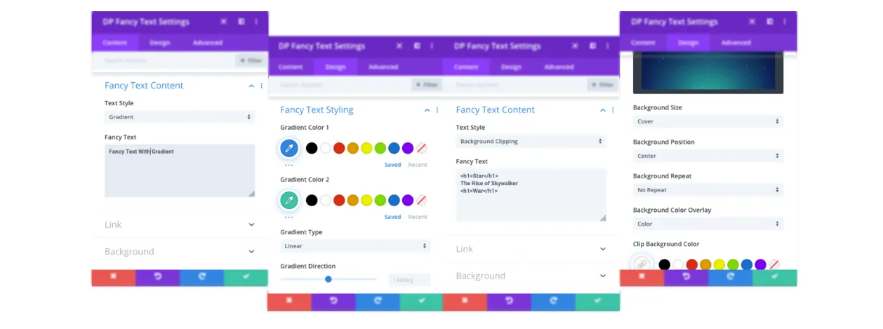 Settings of the Fancy text module by Divi Plus.