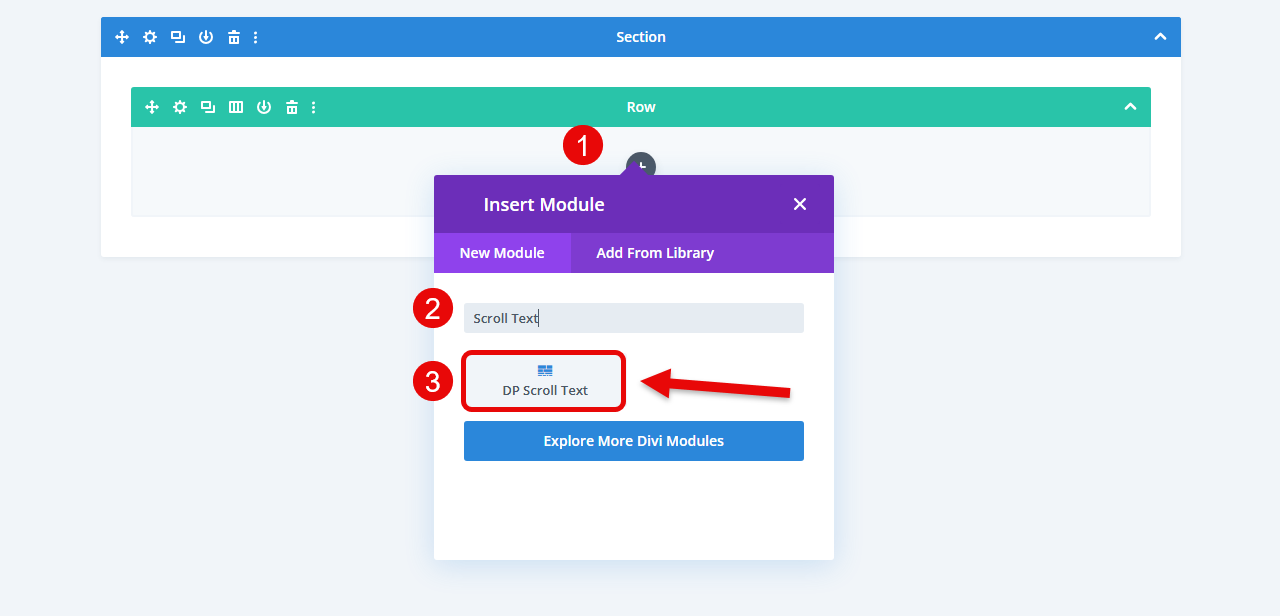 Steps to insert the Divi Plus Scroll Text module.