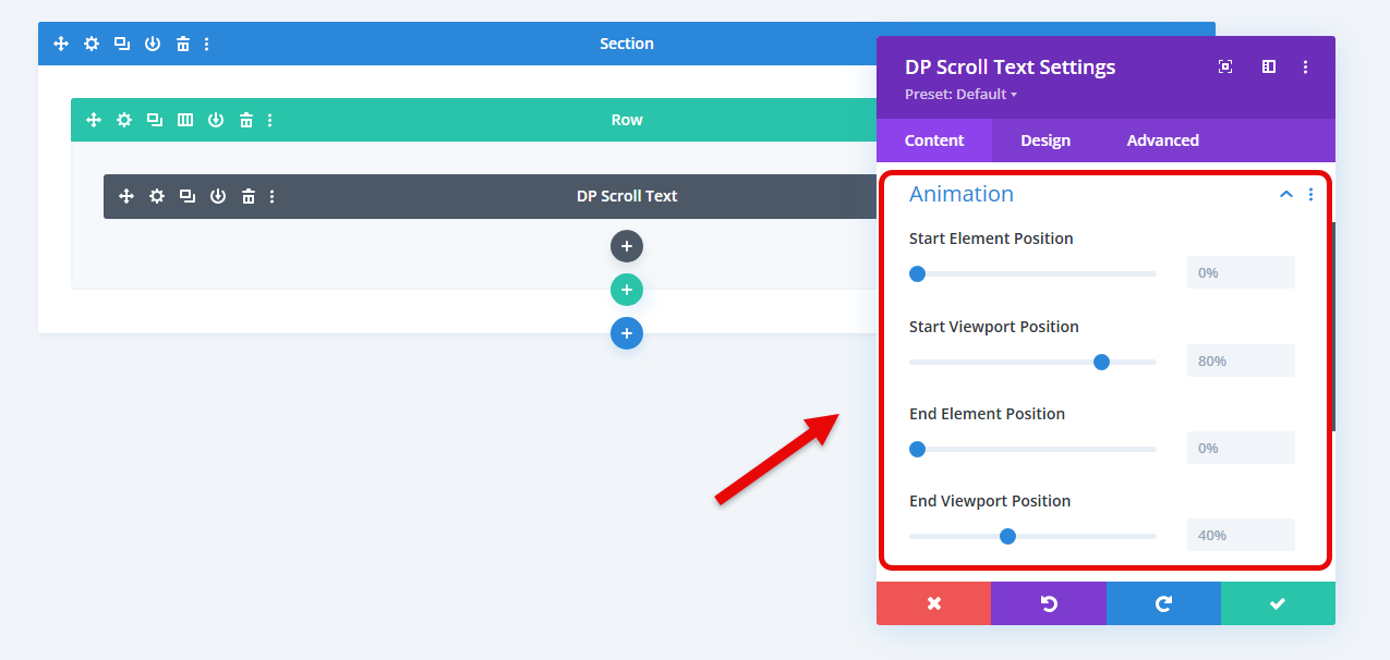 Divi scrolling text module animation options.