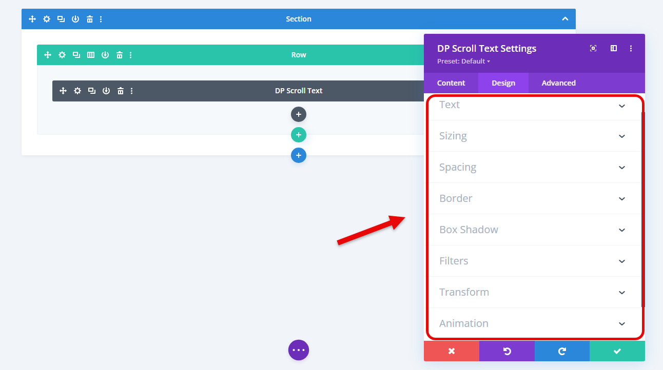 Scroll text module design tab.