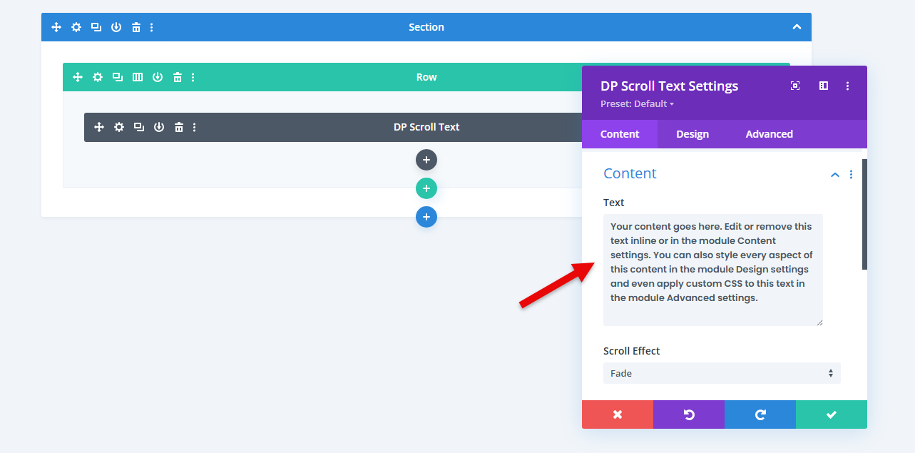Text field in the Scroll Text module of Divi Plus plugin.