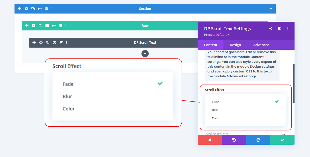 Different Scroll Effects in the Text Scroll module of Divi Plus.
