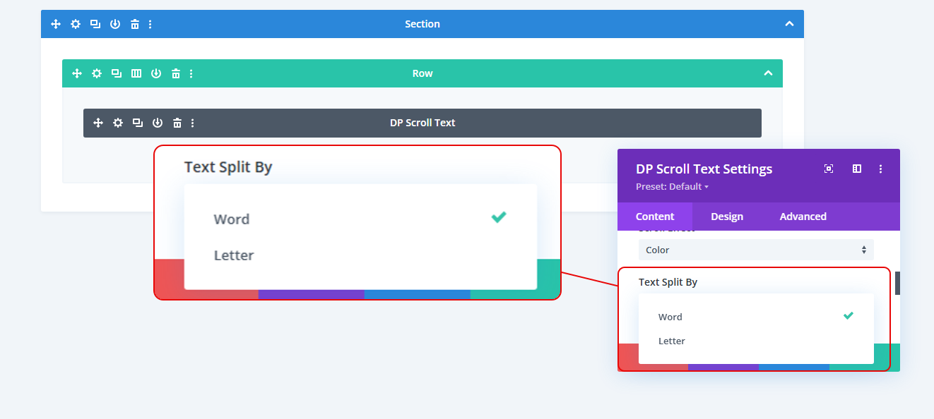 Text Split by option Divi Scroll Text module.