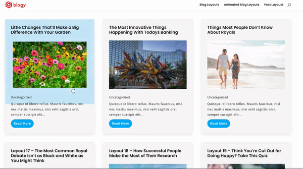 Divi animated blog layout with rollover effect