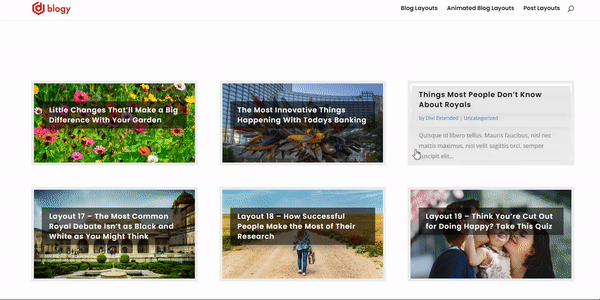 Divi animated blog layout with rotate effect