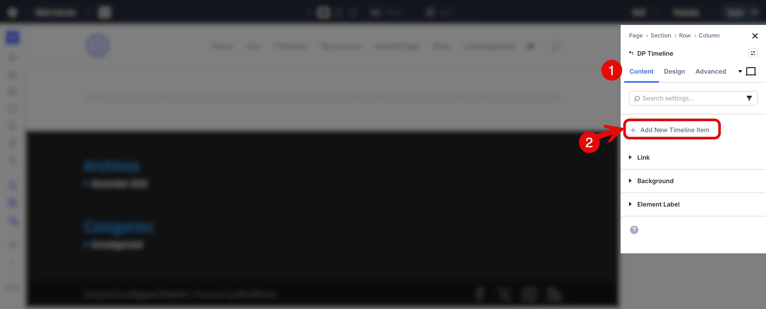 Option to add a new timeline item for the Photo Timeline in WordPress.