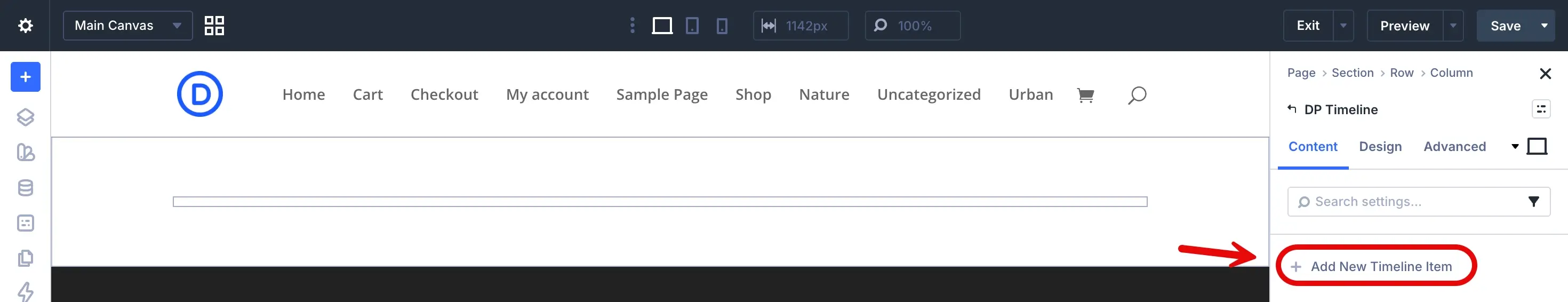 The option to add a new timeline item in the content timeline.