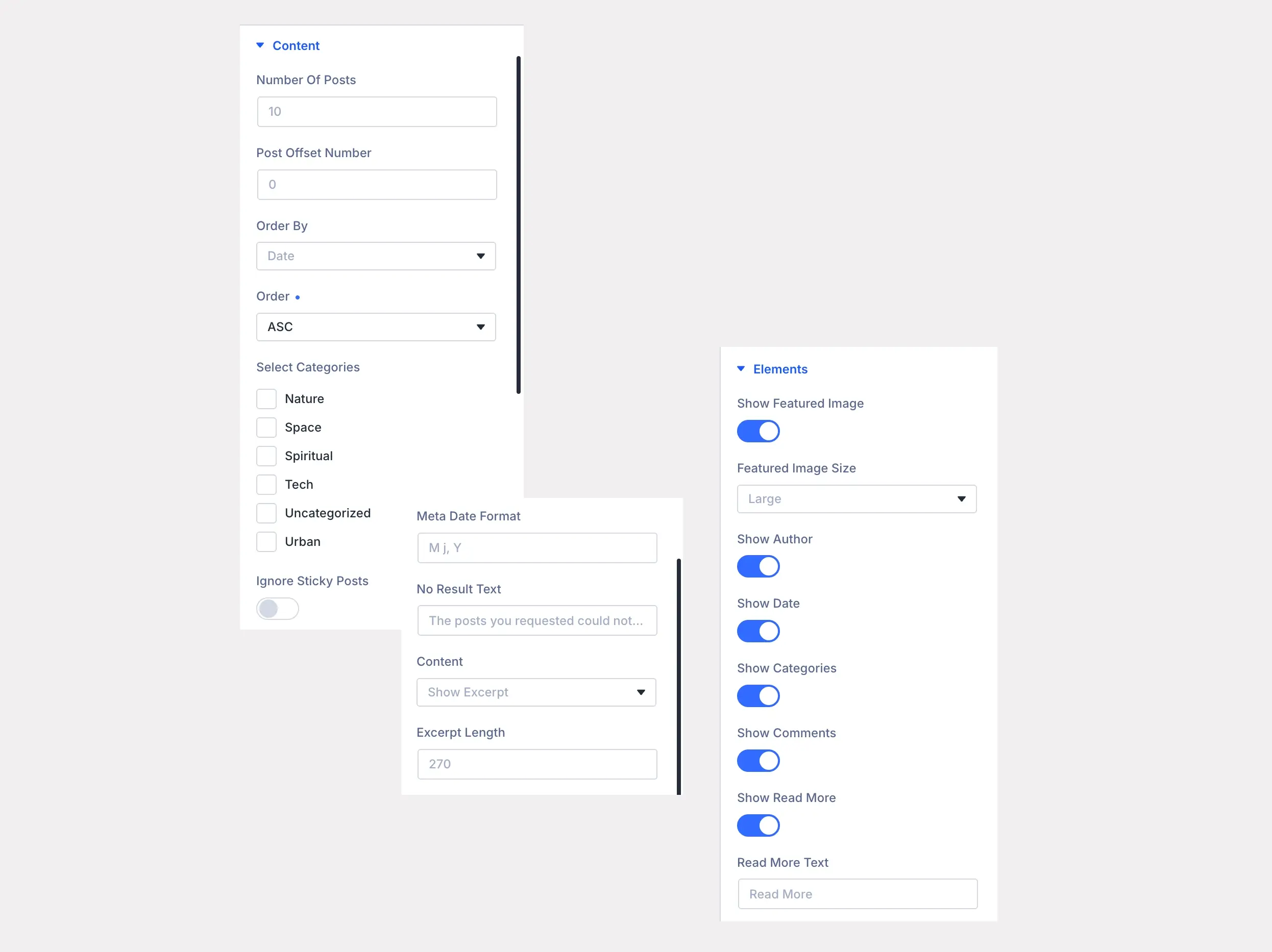 Divi Plus Blog Timeline Conent and Elements options.