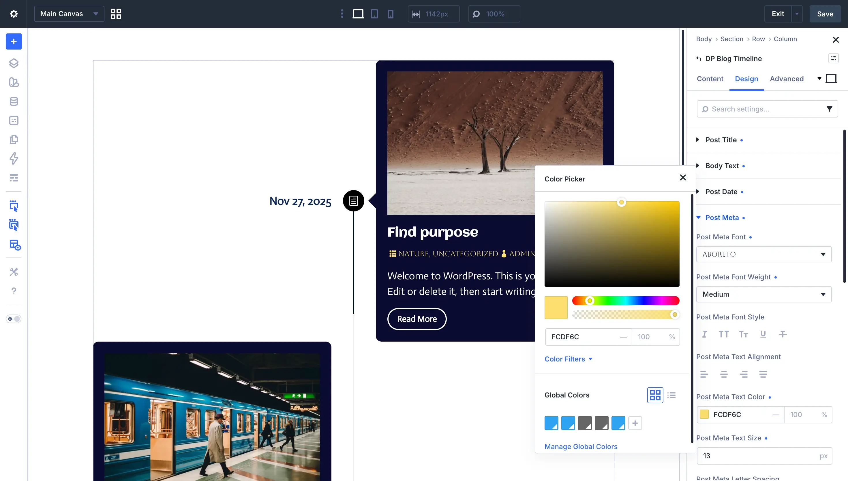 Design tab of the Divi Plus Blog Timeline module.