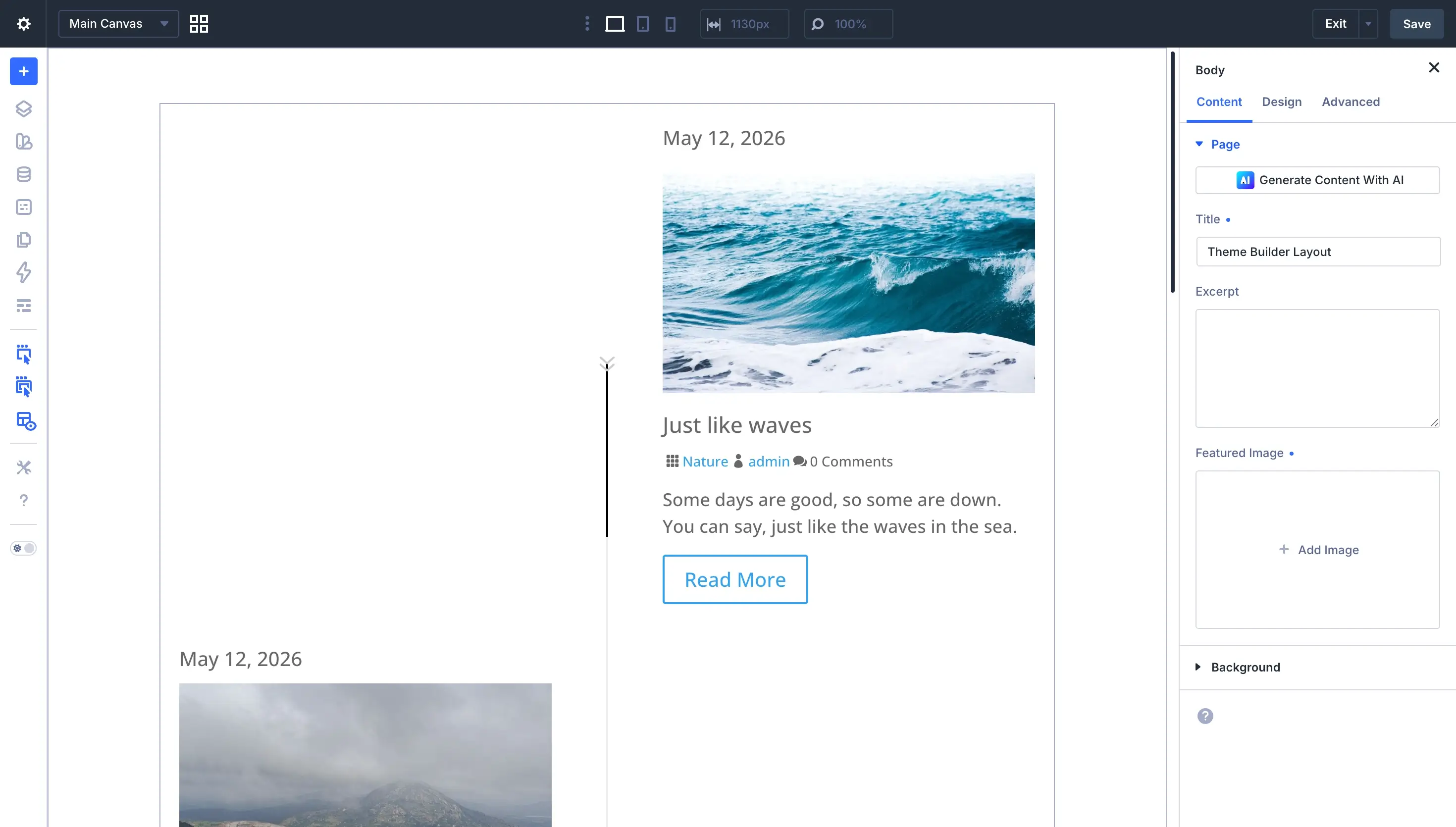 Divi Plus Blog Timeline module view from the backend.