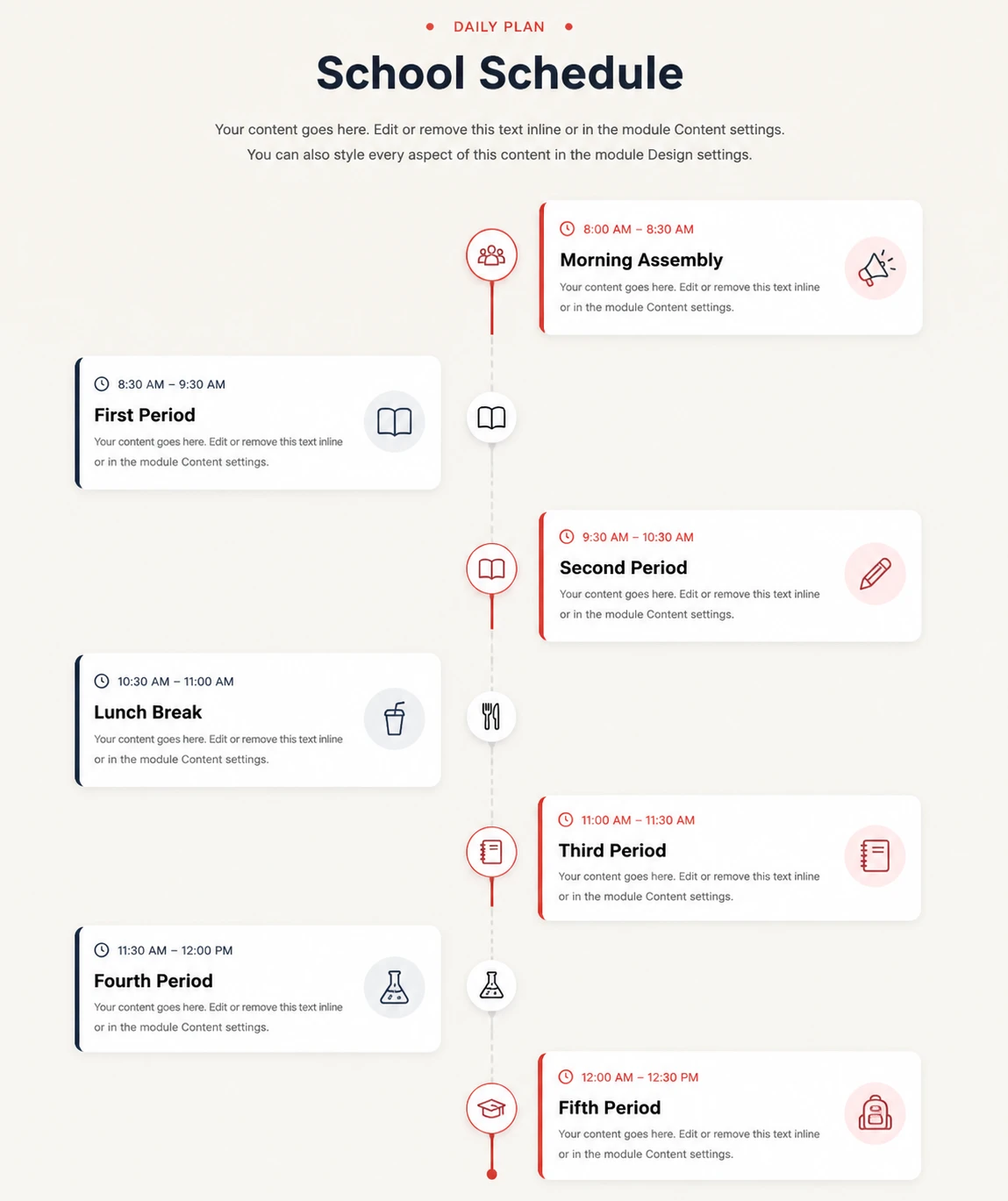 Example of a Content Timeline in WordPress using the Divi Plus module.
