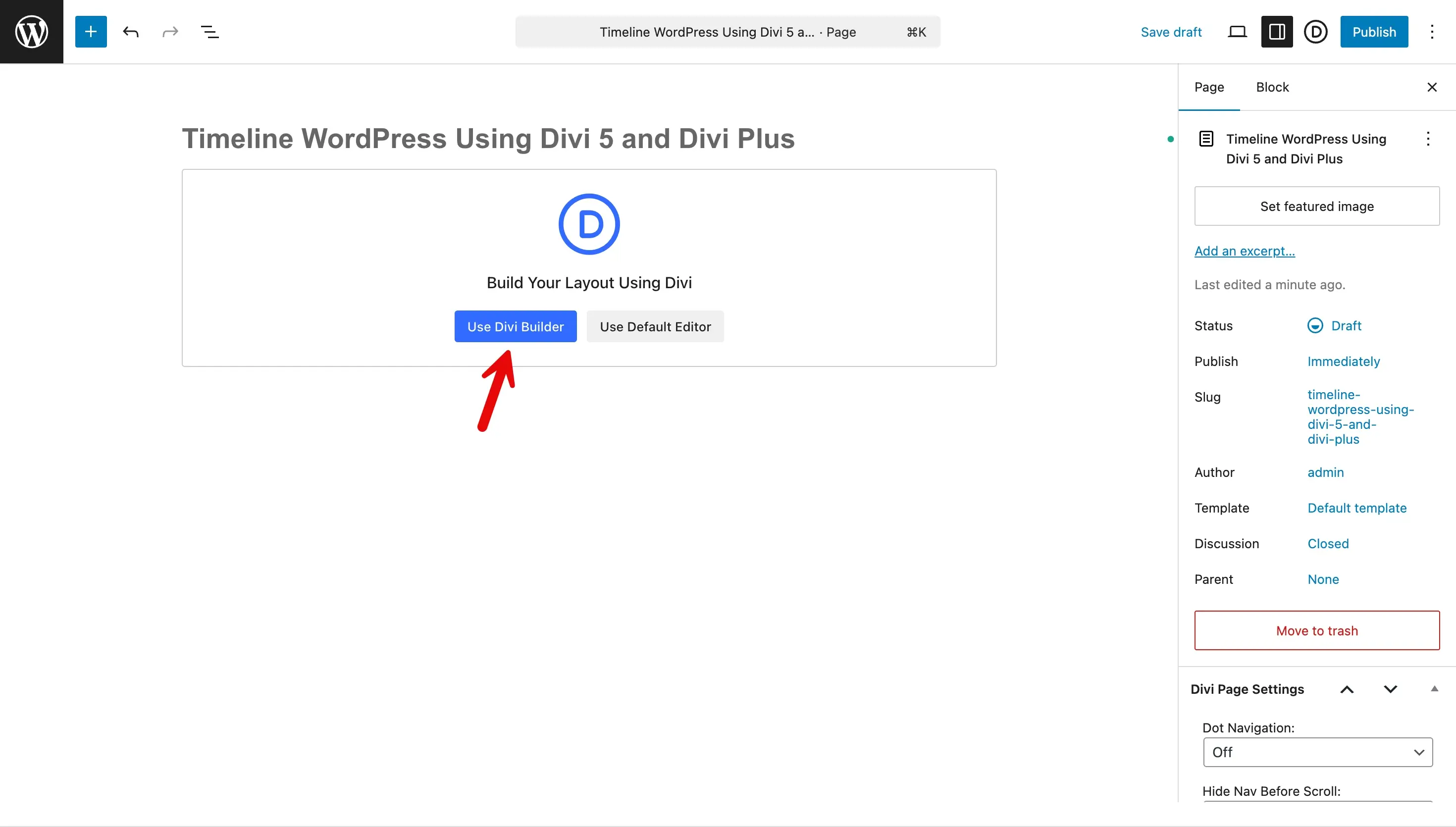 Creating a WordPress page for creating Divi Timelines. 
