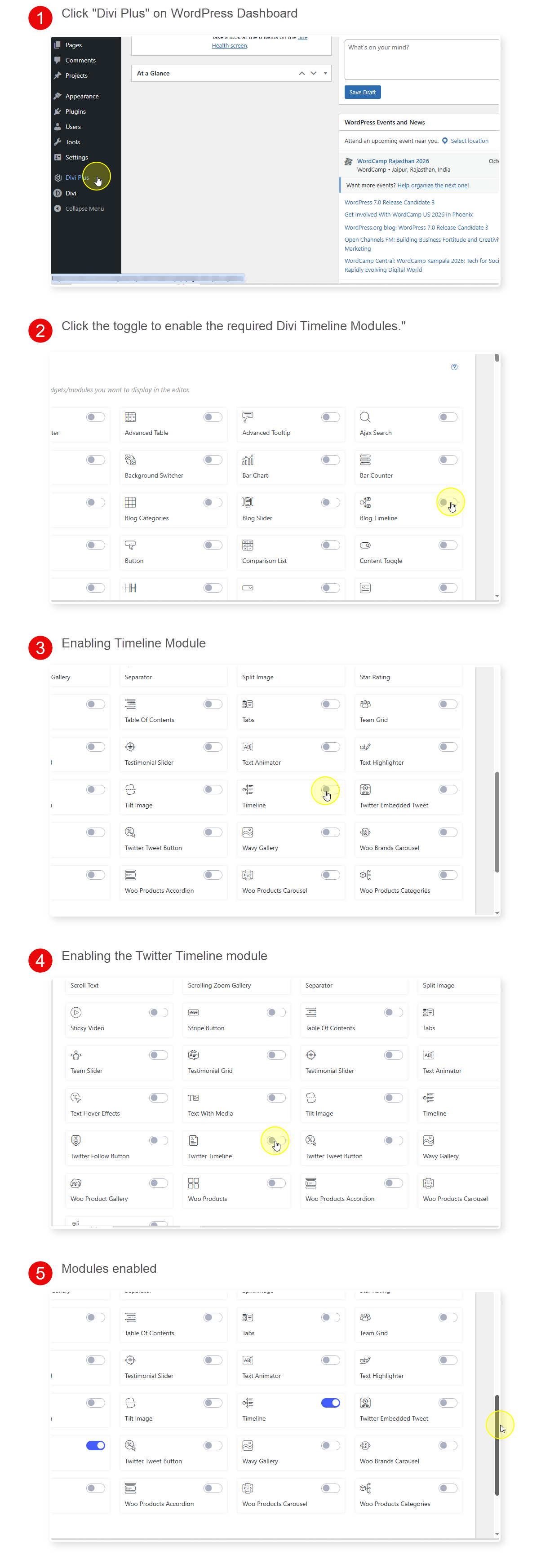 Step by step to enable the Divi Plus Timeline modules.