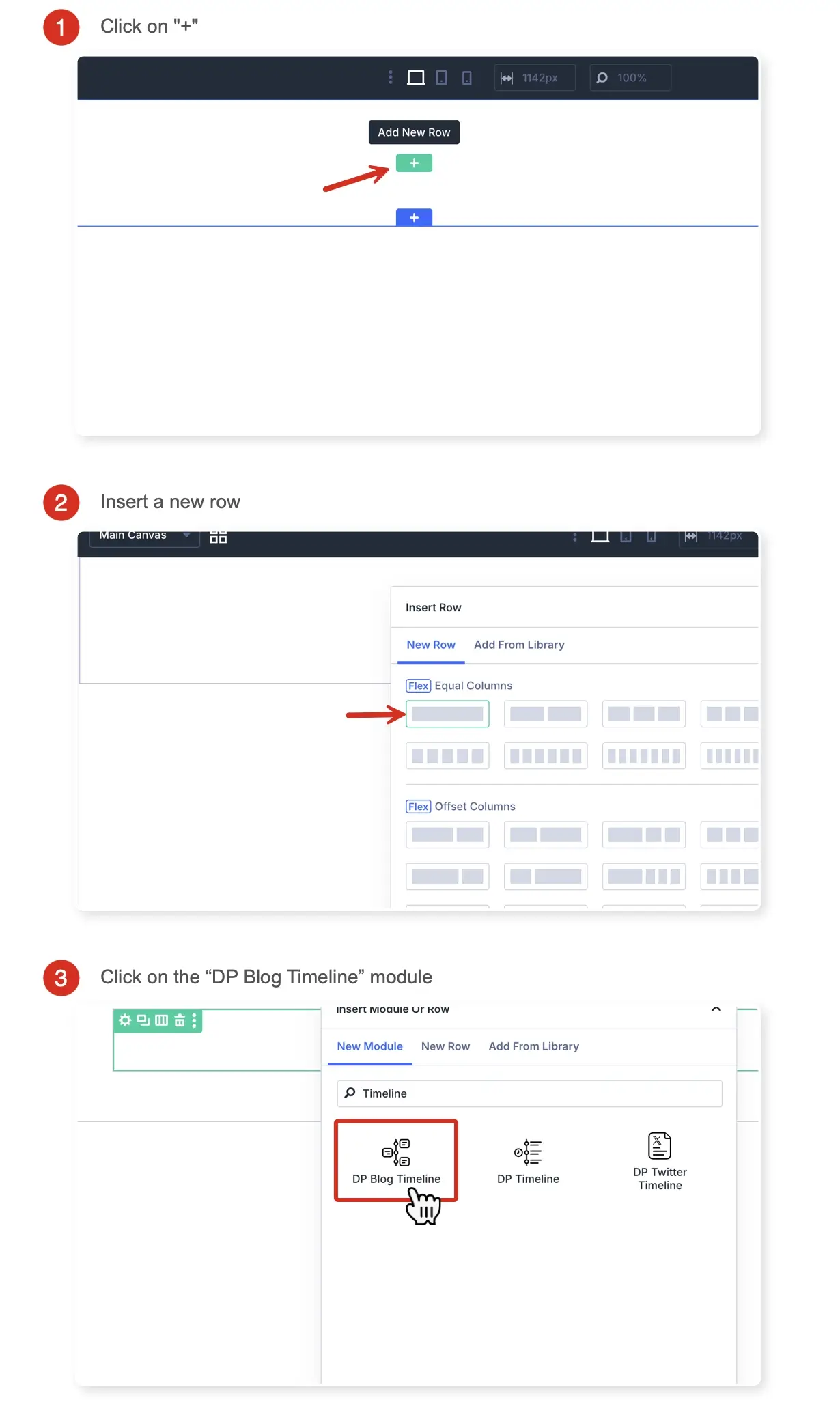 Steps to insert the Blog Timeline module.