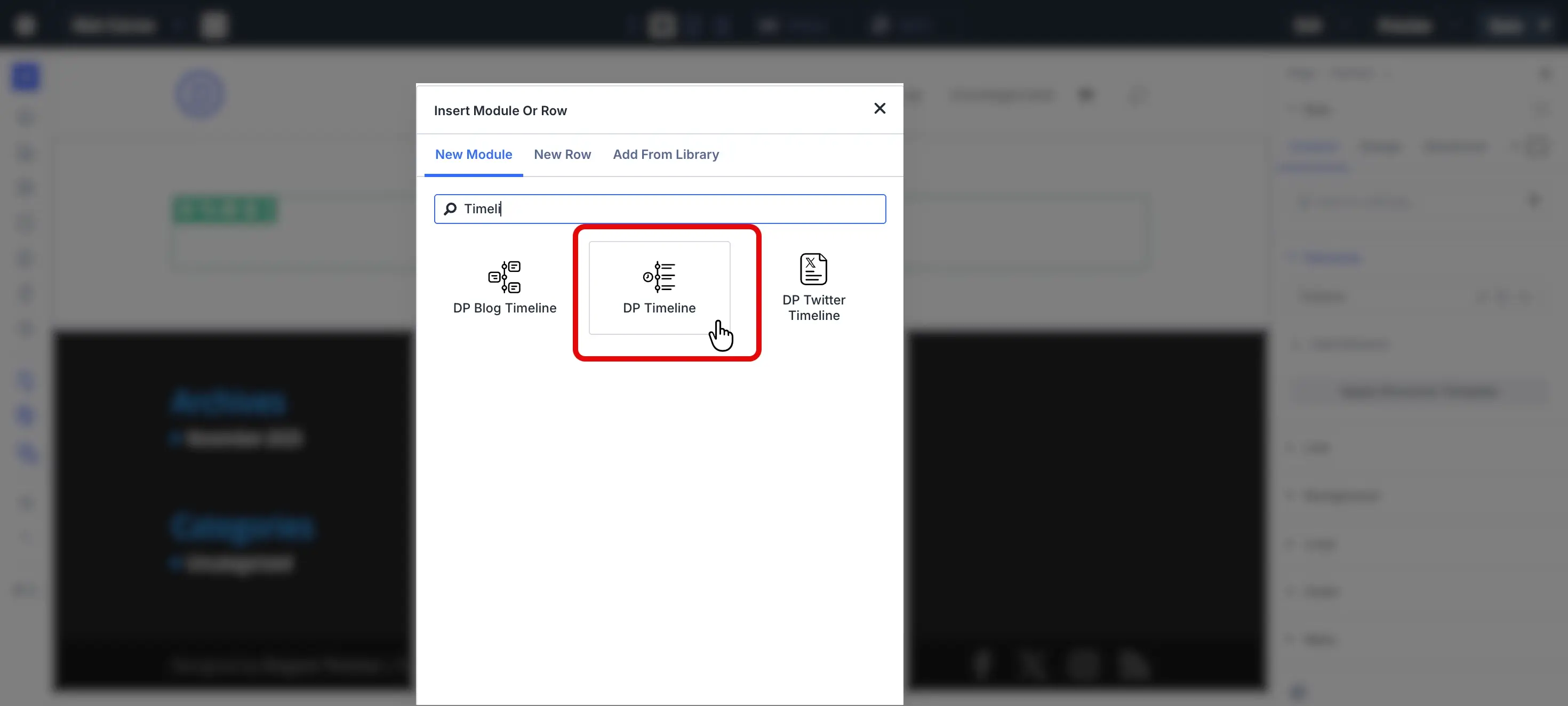 Inserting the Divi Plus timeline module for the Photo Timeline.