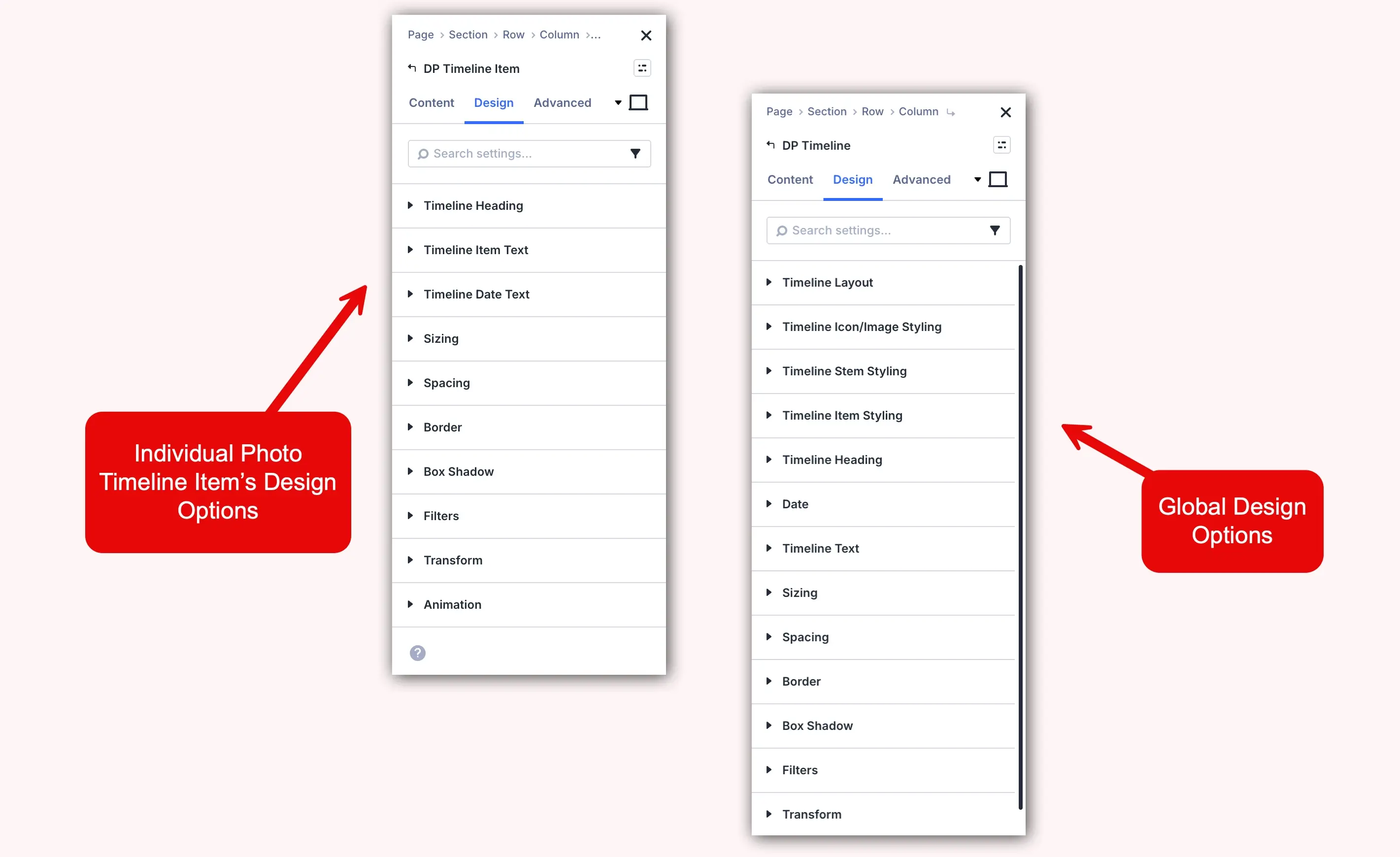 Styling options of the Timeline module from Divi Plus.