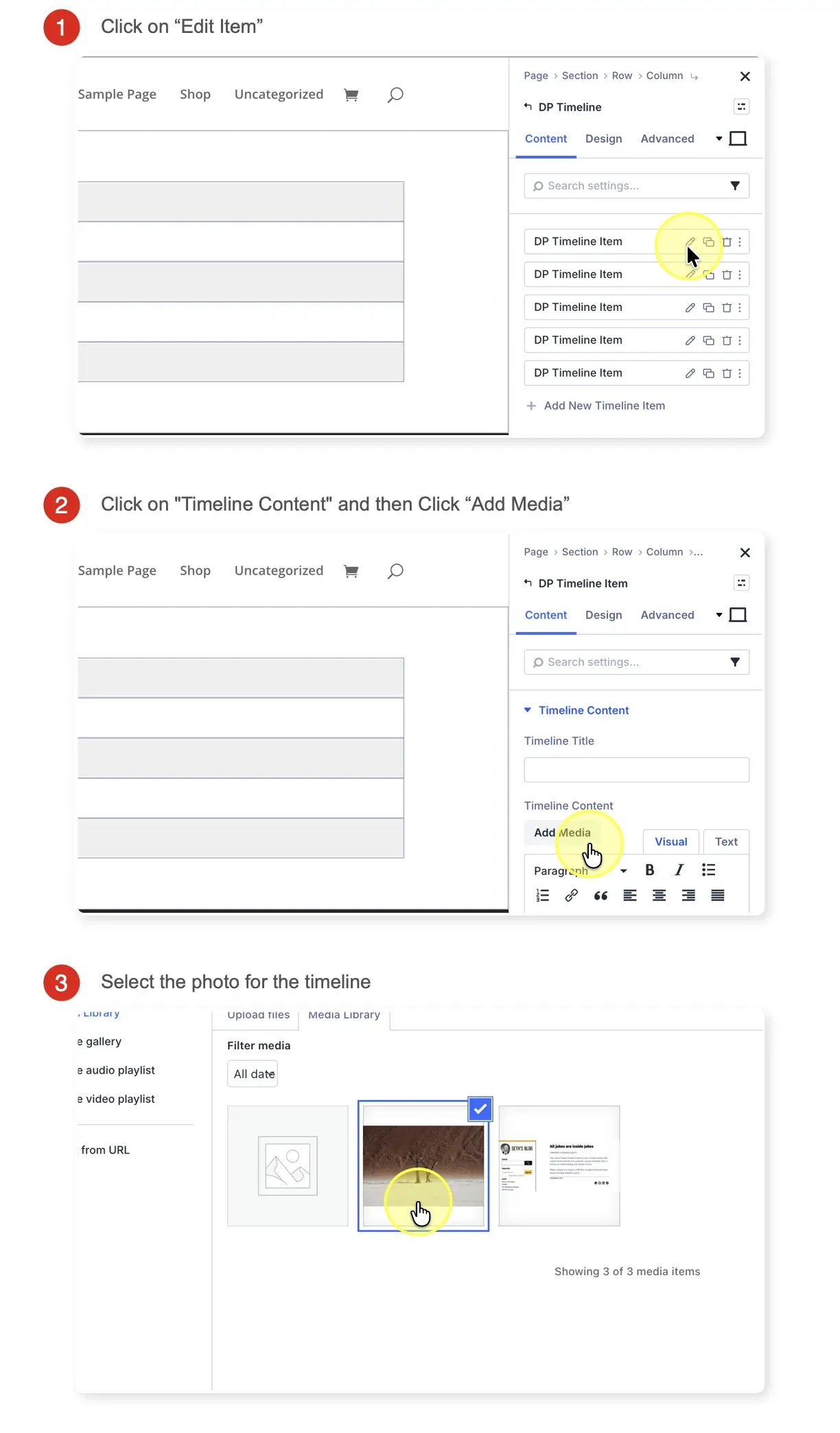 Steps to add the photo in the Timeline Item.