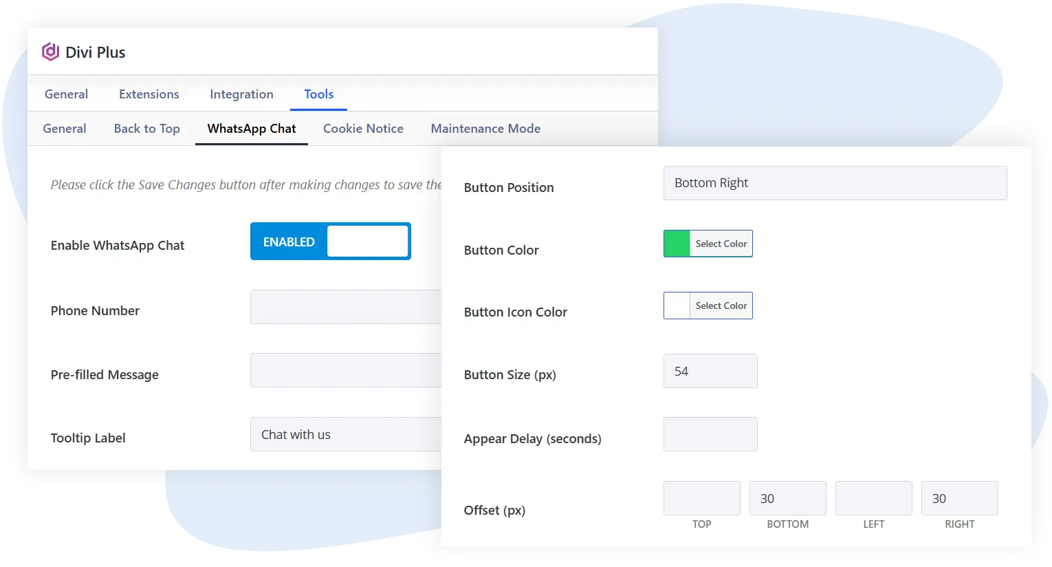 Divi Plus WhatsApp chat extension settings image