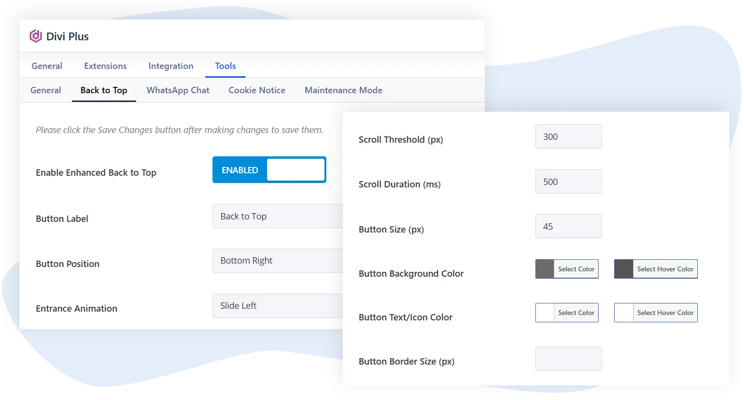 Divi Plus back-to-top extension settings image