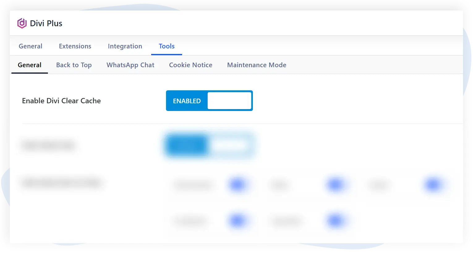 Divi Plus clear cache extension settings image