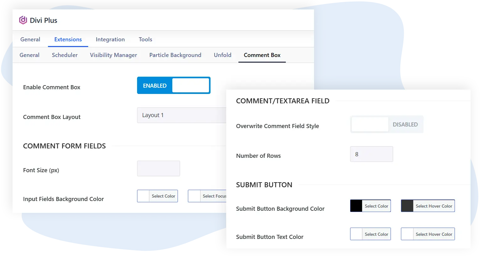 Divi Plus comment box extension settings image