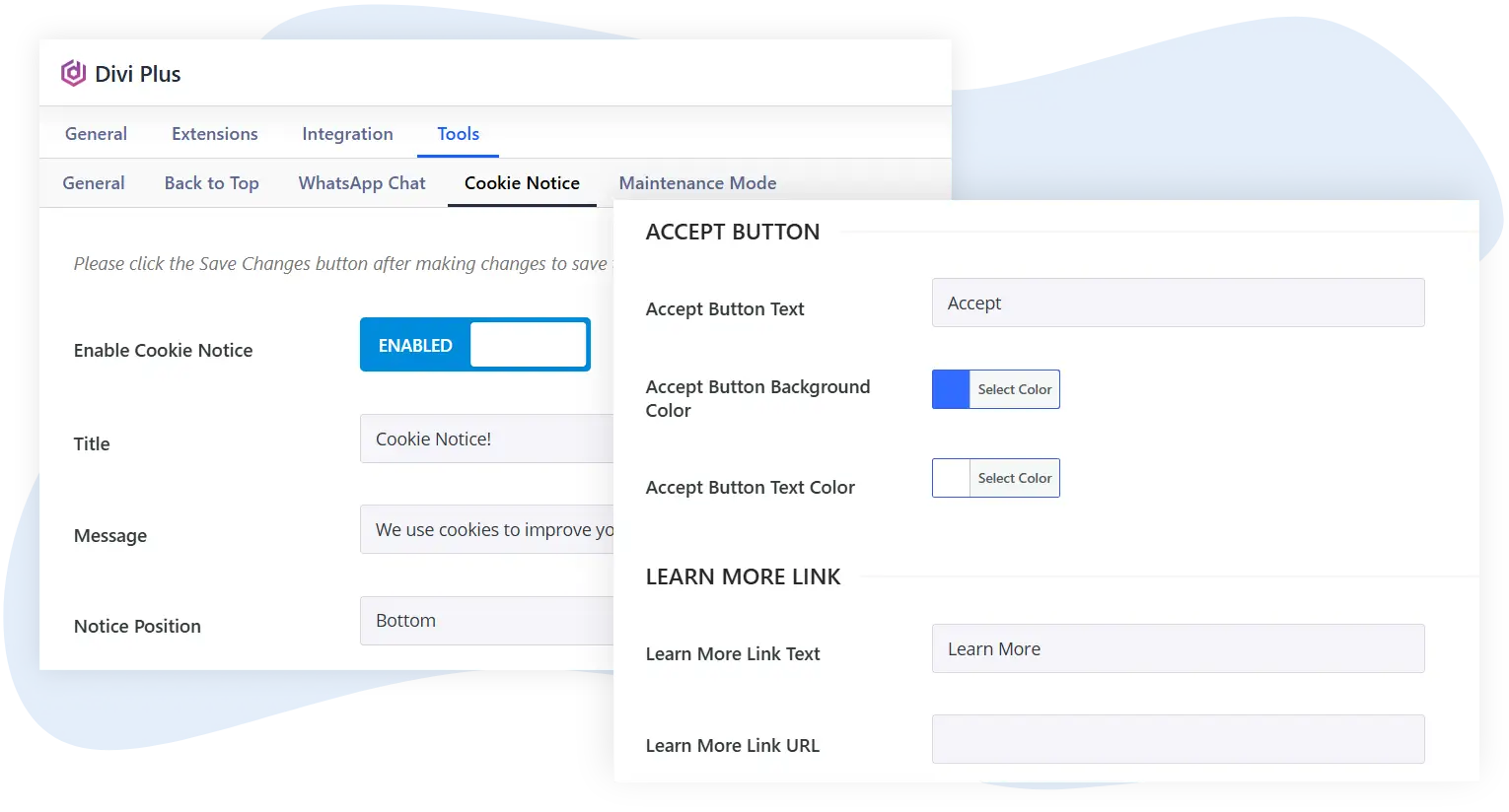 Divi Plus cookie notice extension settings image