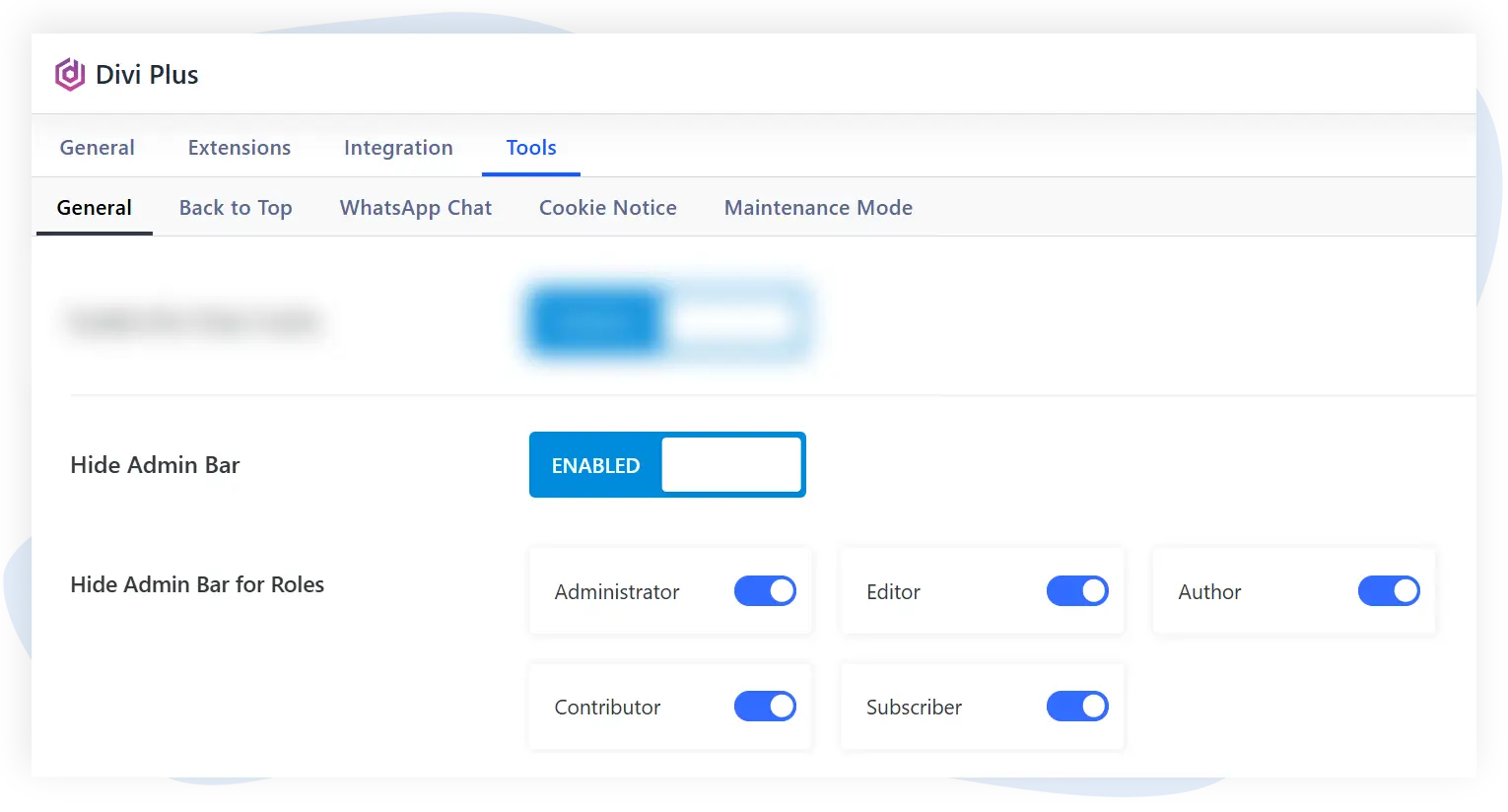 Divi Plus hide admin bar extension settings image