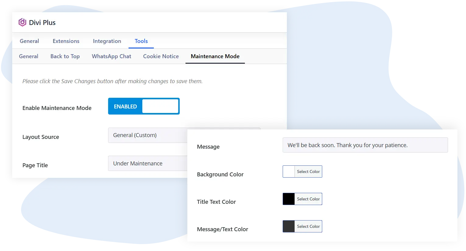 Divi Plus maintenance mode extension settings image