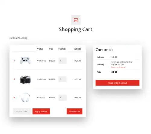 Divi WooCommerce cart page layout 1 with list style