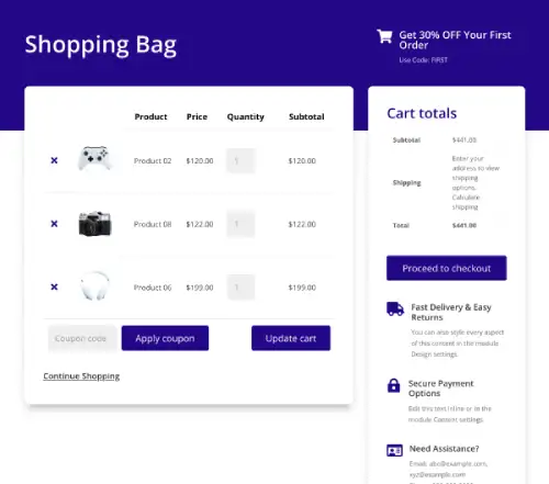 Divi WooCommerce cart page layout 5 with coupon code