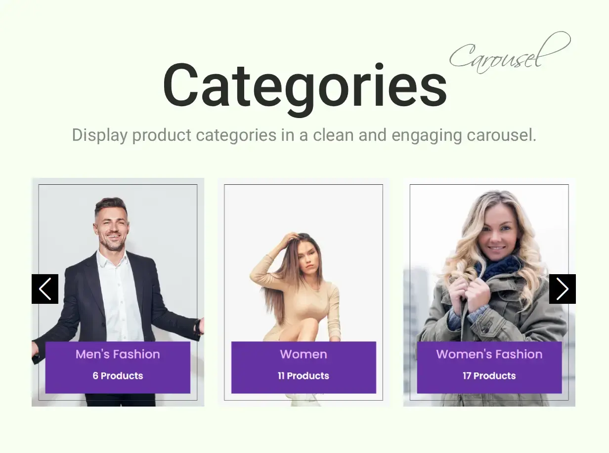 Demonstration of WooCommerce products categories carousel module for Divi theme