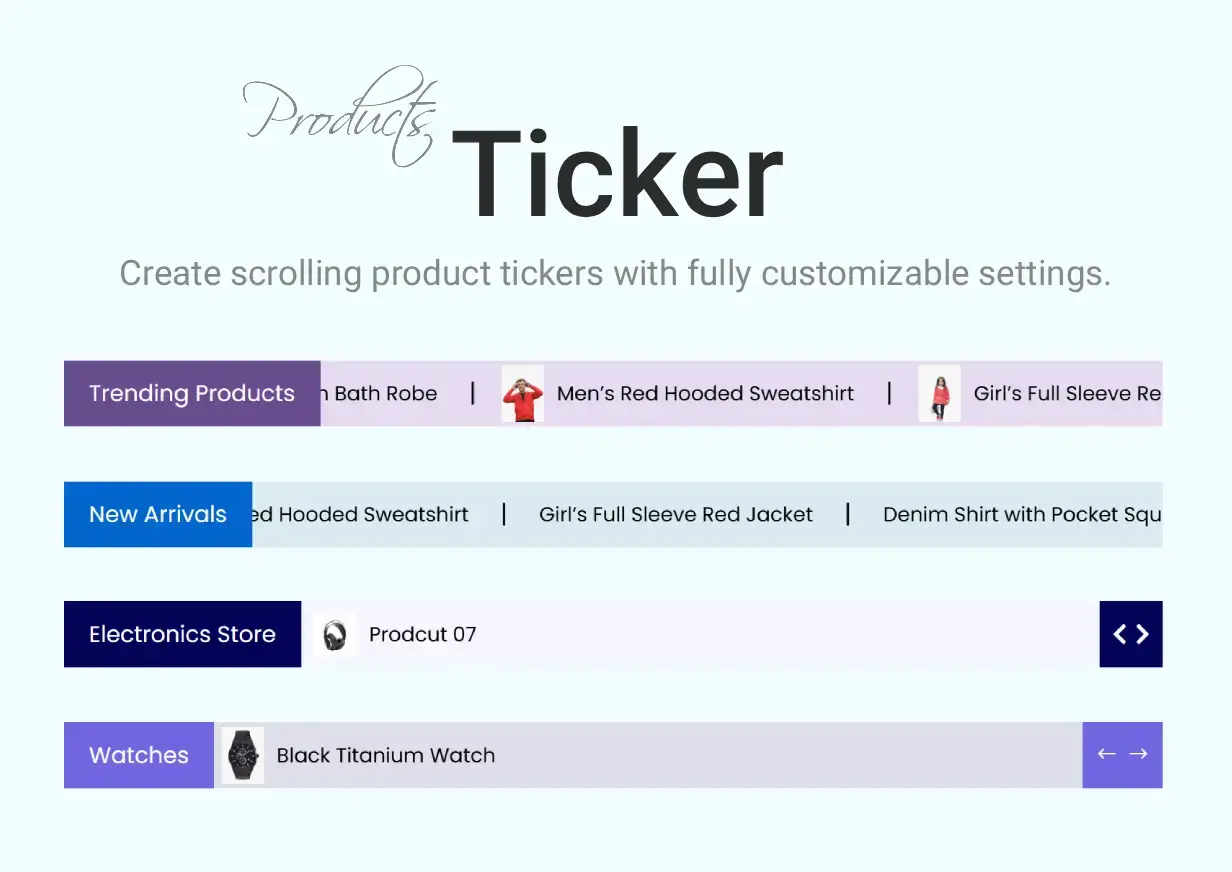 Demonstration of WooCommerce products ticker module for Divi theme