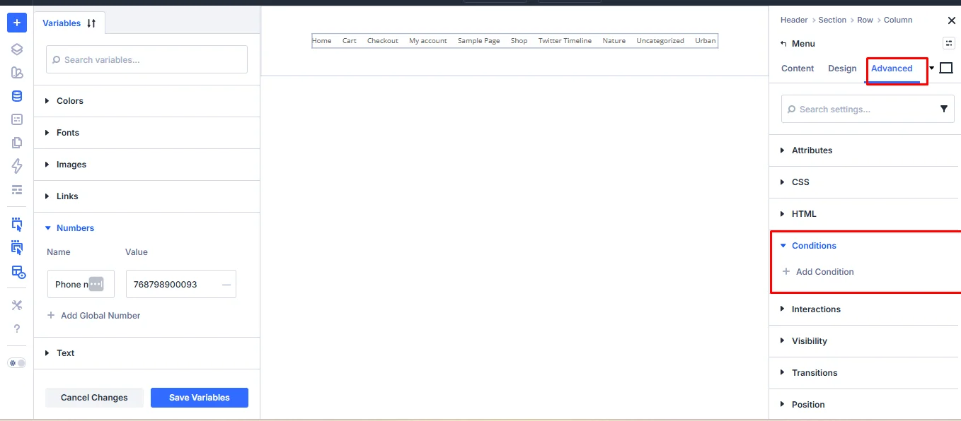 Conditions in the Advanced tab of the Menu in Divi.
