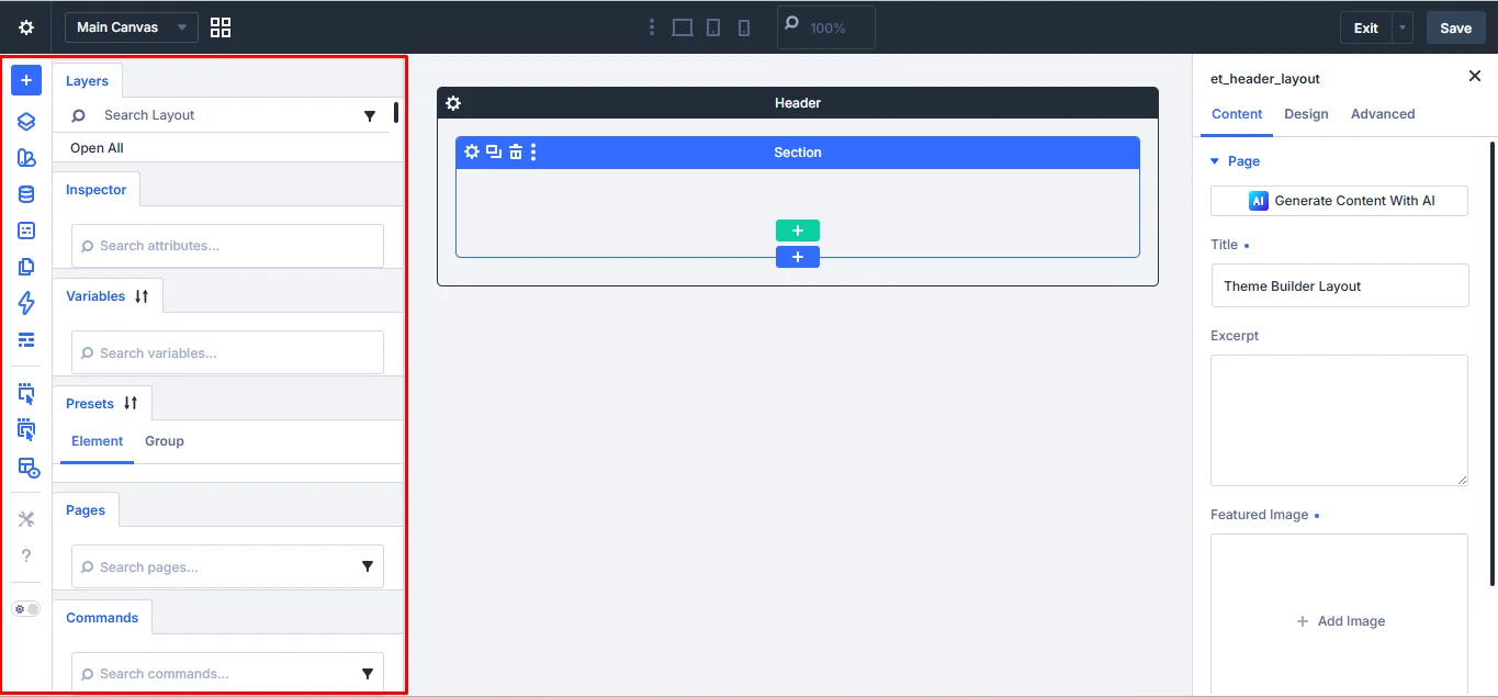 The builder bar of the Divi page builder for WordPress.