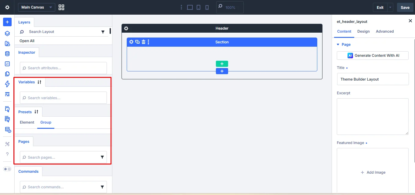 The Variable, Presets, and Pages options in the Divi 5 builder.
