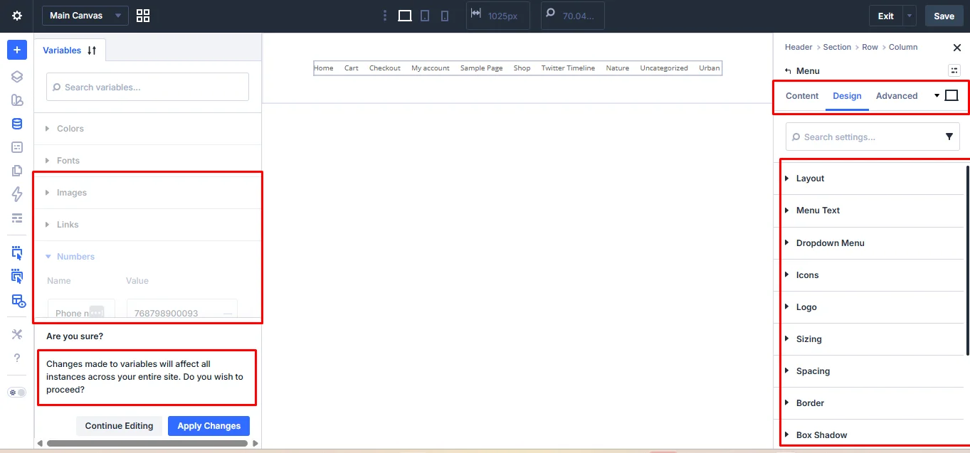 Content, Design, and Advanced options of Divi 5 Theme Builder.